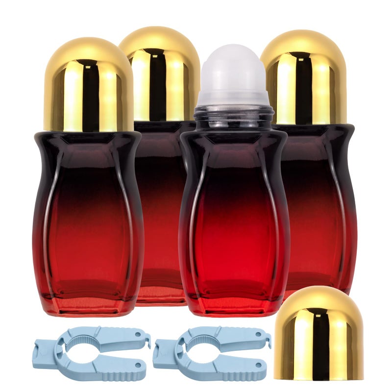 Ellbest 50ml Glass Roll on Bottles 4 Pack - Gradient Red Deodorant Container With Plastic Roller Ball and Opener for Essential Oils, Perfume (Gold Lid) - Image 1
